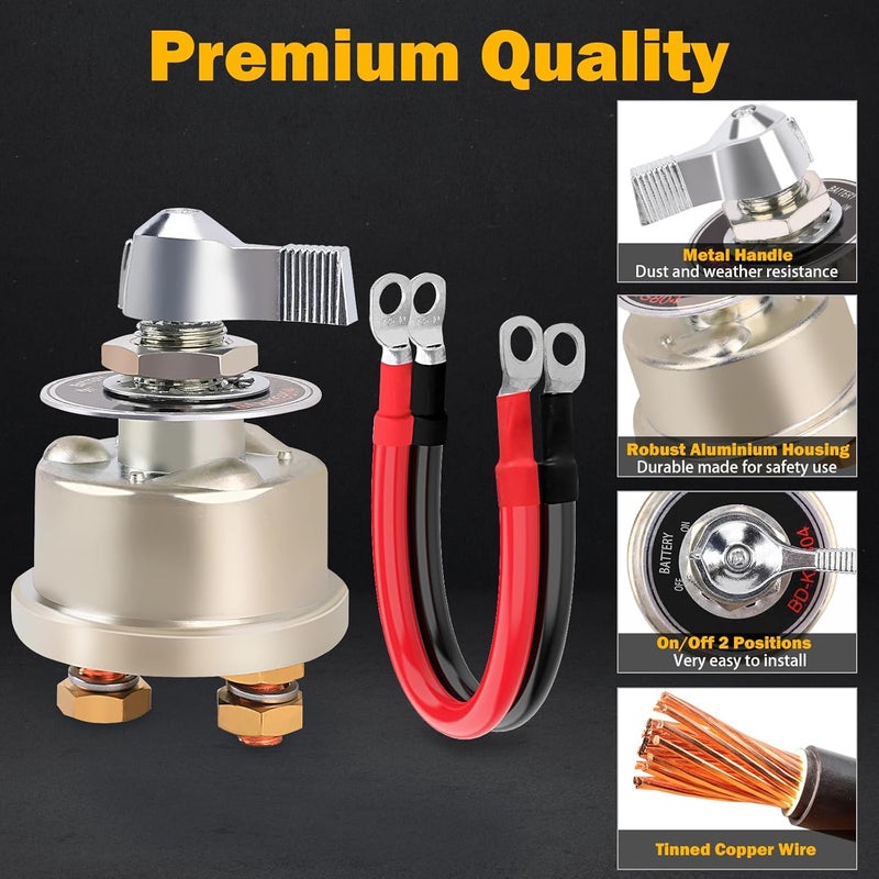 FEITON 12-48V 200A Master Battery Disconnect Switch & 4 AWG 1FT Battery Cables Set, High Current Battery Power Cutoff Killer Switch for Car Vehicle RV Truck Boat Marine ATV On/Off Battery Isolator Switch - Image 3